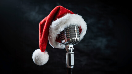 Vintage microphone adorned with a festive Santa hat, set against a dark backdrop, creating a cheerful New Year atmosphere