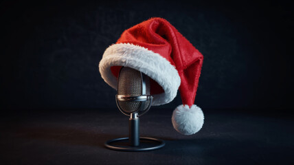Microphone wearing Santa hat for festive New Year celebration concept