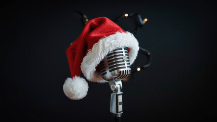 Microphone wearing Santa hat for festive New Year celebration concept