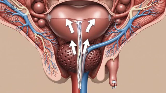 Anatomical illustration of the human urinary system with arrows
