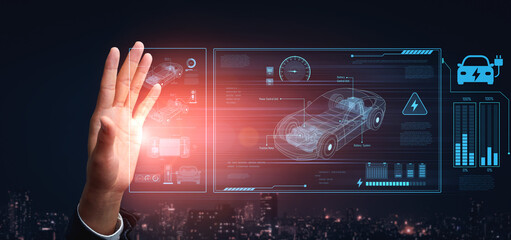 Technical layout of electric vehicle showing battery system, power control, traction motor, charging interface, and integration with renewable and smart energy sources Vouch