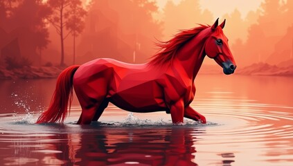 Polygonal Red Horse in Water Low Poly Geometric Animal Digital Art Landscape with Reflections and Sunset_7