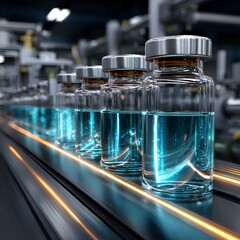 Row of vaccine vials move along a high speed conveyor belt in a pharmaceutical manufactu facility, ensu sterile medicine supply chain.