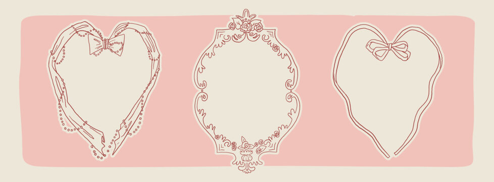 Collection of heart shaped Valentine's decorative whimsical frames in coquette style on a light pink background. Lace bows  frame in rococo love opera aesthetic. Vector hand drawn graphic set
