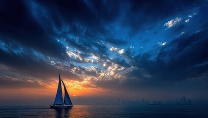 A sailboat sails on a calm sea under a dramatic, color-streaked sky at sunset