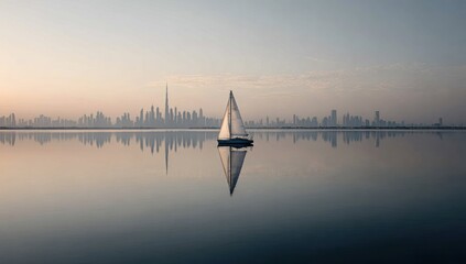 A sailboat glides across calm water, reflecting a distant city skyline at sunrise