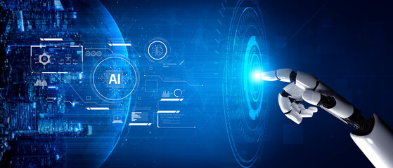 Obraz premium AI system interacting with artificial intelligence interface, processing data, executing algorithms, and enhancing automation with advanced artificial intelligence functions. Vouch