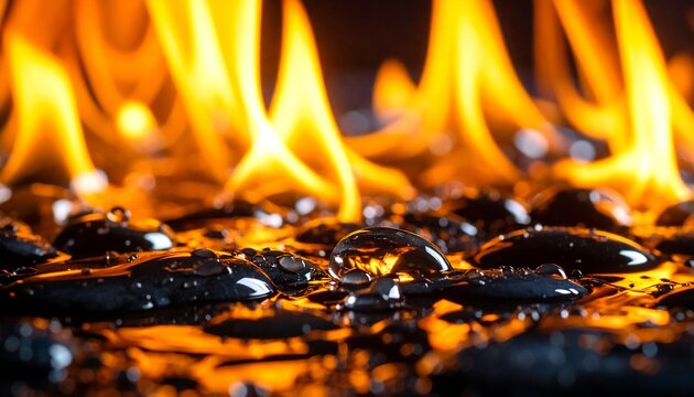 Close-up of intense flames dancing over a dark, glossy surface dotted with reflective water droplets. The heat is palpable