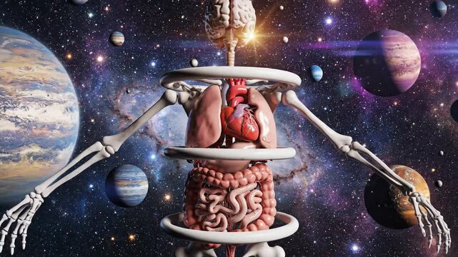 Anatomical illustration overlayed on space with planets and galaxies