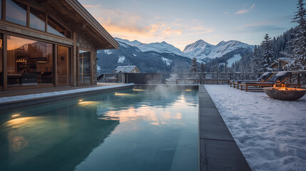A luxury alpine resort at dusk features a modern stone-and-wood chalet with expansive glass windows and a heated outdoor infinity pool illuminated by glowing lights. The scene includes a snow-covered 