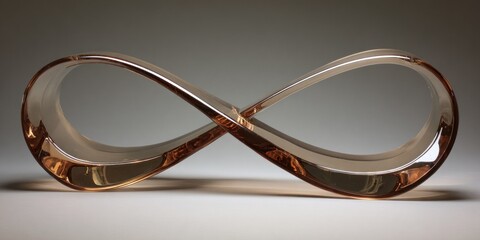 A translucent infinity symbol, amber-toned, sits against a gradient backdrop. It reflects light, soft shadows
