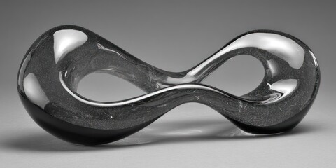 A polished, dark infinity-shaped sculpture reflects light, with a fluid, glossy form