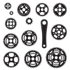 Detailed vector illustration featuring an assortment of bicycle chainrings and a crank arm, perfect for cycling enthusiasts and design projects.