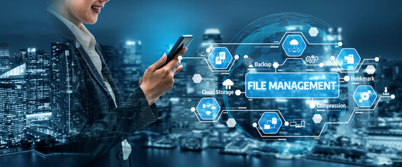 A businesswoman interacts with a smartphone while a modern city skyline illuminates the night background. Icons represent file management and cloud technology. Tessel