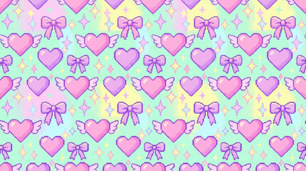 Artistic valentine background pastel card abstract wallpaper white pink floral pattern with pixel hearts wings and bows soft colors for romantic design Valentine's day background pastel aesthetic