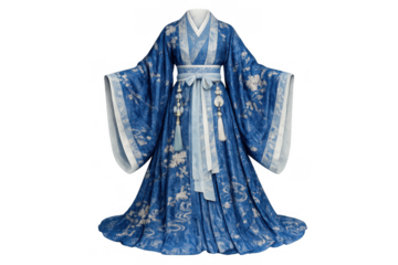 Blue traditional hanfu dress showcasing intricate floral embroidery and flowing fabric, asian cultural costume on transparent background