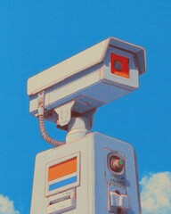A security camera, stylized and against a bright sky, with a retro aesthetic