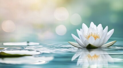 White lotus flower floats on water with a soft blurry reflection, surrounded by a pastel background during a sunny day