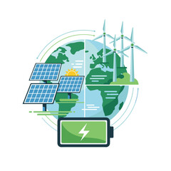 Illustration showcasing sustainable energy with solar panels, wind turbines, and battery storage, emphasizing renewable power for a greener and more sustainable future.