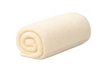 Rolled cream-colored soft towel for relaxation and hygiene, ideal for spa, wellness, bath experiences, isolated on transparent background