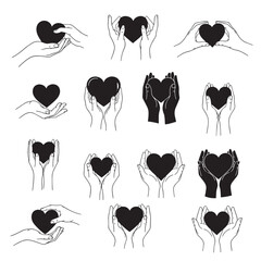 A collection of illustrations showcasing hands gently holding hearts, symbolizing love, care, and support. These images evoke feelings of warmth, compassion, and connection.