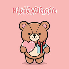 A charming cartoon bear holding a pink heart and a wrapped gift, perfect for Valentine's Day greetings and illustrations.