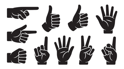 A set of hand gestures, including pointing, thumbs up, open hand, fist, and finger counting, all rendered in a bold, black silhouette style.