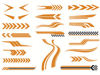 A collection of orange racing stripes and graphic elements for vehicle decoration and design.