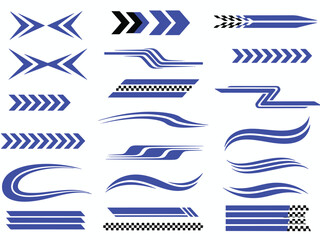 A set of blue racing stripes and graphic elements for vehicle decoration and design projects.