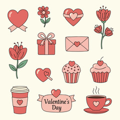 A collection of hand-drawn Valentine's Day icons including hearts, flowers, a gift box, an envelope, cupcakes, coffee, and a Valentine's Day banner.