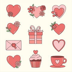 A collection of Valentine's Day themed icons featuring hearts, floral decorations, a gift box, an envelope, a cupcake, and a cup of tea, all in a cute, hand-drawn style.