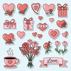 A collection of Valentine's Day themed stickers featuring hearts, gifts, a bouquet of flowers, a cup of coffee, and a 'Love' banner.