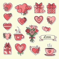 A collection of Valentine's Day stickers featuring hearts, gifts, flowers, a love banner, and a cup of coffee, perfect for adding a touch of romance to any project.