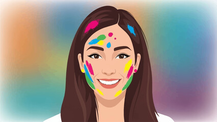 This heartwarming flat design illustration portrays a cheerful young woman with her face playfully painted in vibrant Holi colors, radiating joy and happiness. The modern artwork captures the festive 