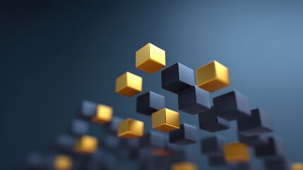 Abstract geometric shapes with black and yellow cubes floating in a gradient blue background representing technology, innovation, and digital design concepts