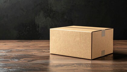 Blank corrugated cardboard box with taped seams rests on a polished dark wood surface against a textured dark background