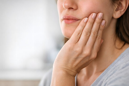 Woman Holding Jaw in Discomfort - Dental Emergency - Tooth Pain