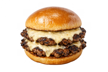 Double cheeseburger with melted cheddar cheese and grilled beef patties on brioche bun, fast food meal, transparent background