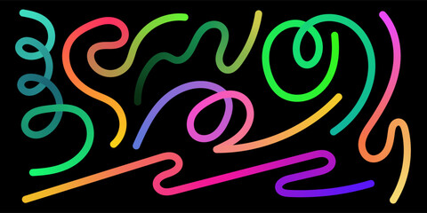 Multi colored 3d splines and neon green squiggles form a chaotic, joyful carnival pattern. These smooth gradient curls and fluid wavy lines create a vibrant backdrop for festive children's events.