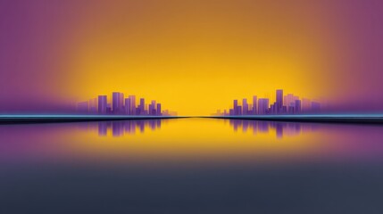 Serene Urban Landscape with Reflection at Dusk, Vibrant Purple and Orange Sky Over City Buildings and Tranquil Water Surface