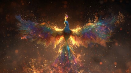 Colourful phoenix bird with spread wings on black background. Mythical fiery creature rising from the ashes