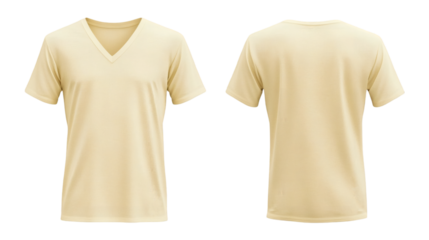 Plain Light Yellow V-Neck T-Shirt Mockup Front and Back Views 3D Rendering on transparent background