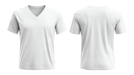 Plain White V-Neck T-Shirt Mockup Front and Back Views 3D Rendering on transparent background