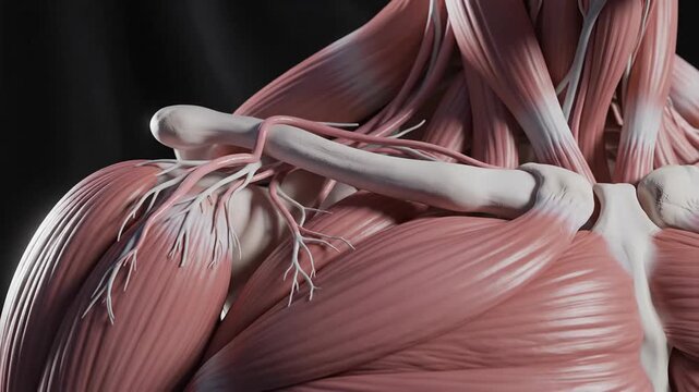 Anatomical render of shoulder and neck muscles with bone structure