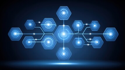 Futuristic Abstract Technology Design with Blue Hexagons Connected by Glowing Lines on Dark Background for Innovation and Network Concepts