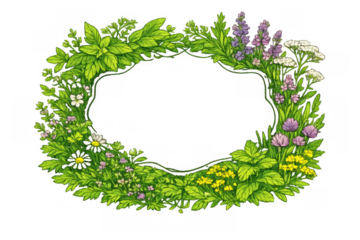 Herbal wreath forming an oval frame, featuring growing botanical plants, flowers, and leaves with a transparent background