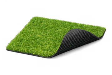Green artificial turf sample square with a corner peeled back revealing the black textured backing. Transparent background