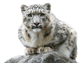 Obraz premium A snow leopard rests on a rock, its fur patterned, gazing forward. Bright, clean background
