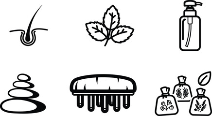 Spa and wellness icons including leaf soap bottle stones brush and herbal bags