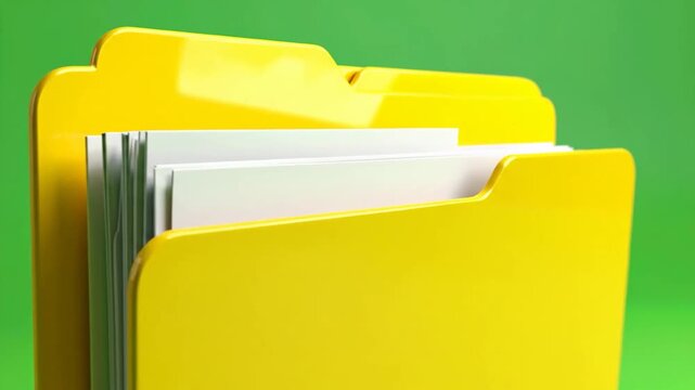 Yellow folder icon with white documents inside, isolated on green background.